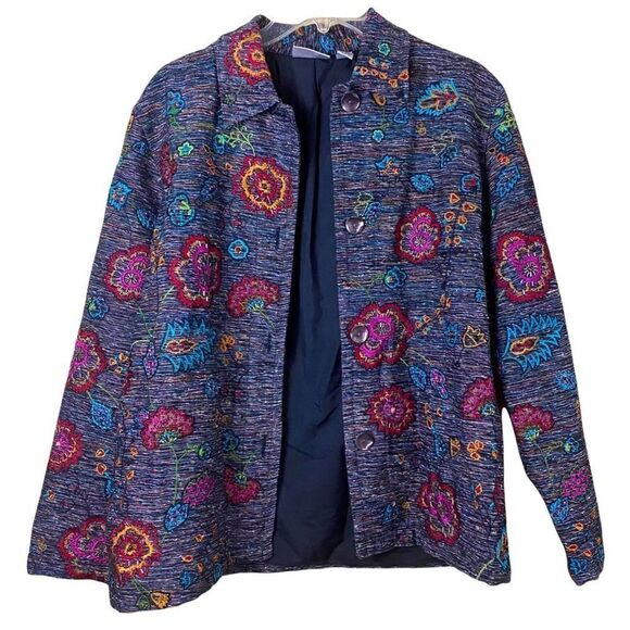 Vintage Chico's Design Silk Blend Embroidered Button Down Jacket Size 1 Medium - Picture 2 of 9
